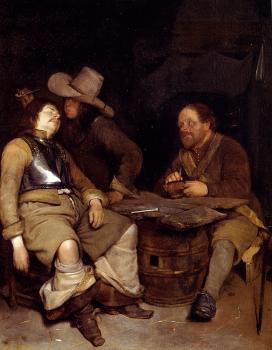 A Guard Room Interior With A Soldier Blowing Smoke In The Face Of His Sleeping